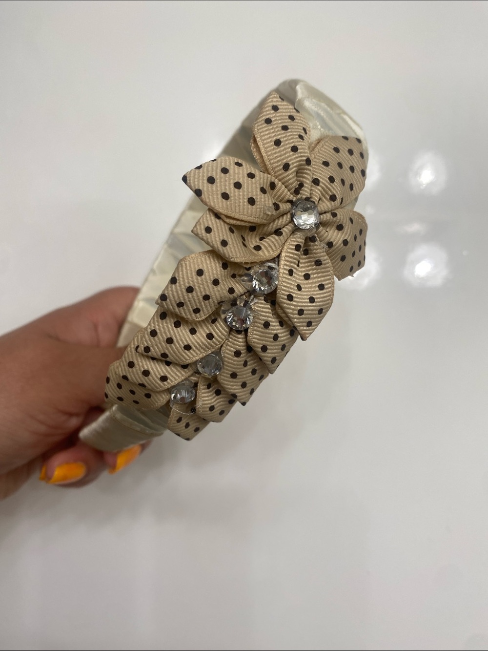 Set of 2 Hand Crafted Beige Polka Dot Floral Headbands - Picture 4 of 4